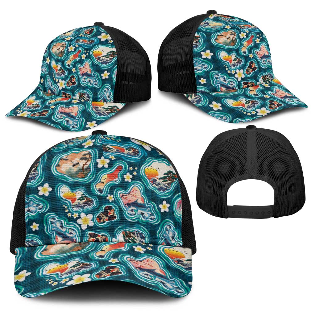 Hawaiian and Japanese Culture Together Baseball Net Cap Hawaiian Island Shapes with Japanese Landscape Teal Color
