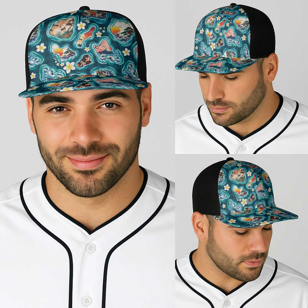 Hawaiian and Japanese Culture Together Baseball Net Cap Hawaiian Island Shapes with Japanese Landscape Teal Color