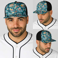 Hawaiian and Japanese Culture Together Baseball Net Cap Hawaiian Island Shapes with Japanese Landscape Teal Color