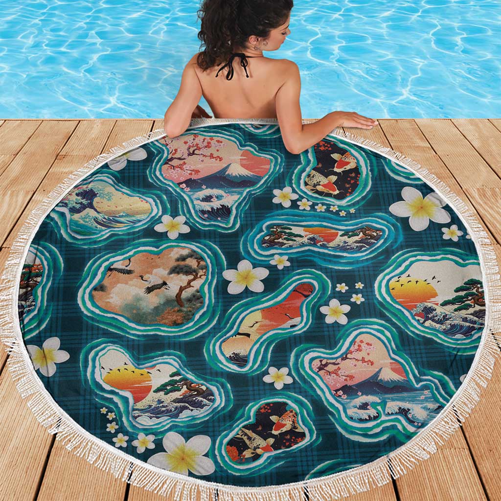 Hawaiian and Japanese Culture Together Beach Blanket Hawaiian Island Shapes with Japanese Landscape Teal Color