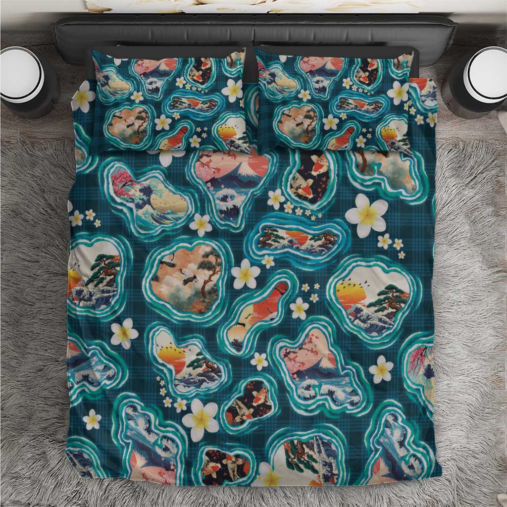 Hawaiian and Japanese Culture Together Bedding Set Hawaiian Island Shapes with Japanese Landscape Teal Color
