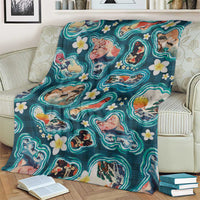 Hawaiian and Japanese Culture Together Blanket Hawaiian Island Shapes with Japanese Landscape Teal Color