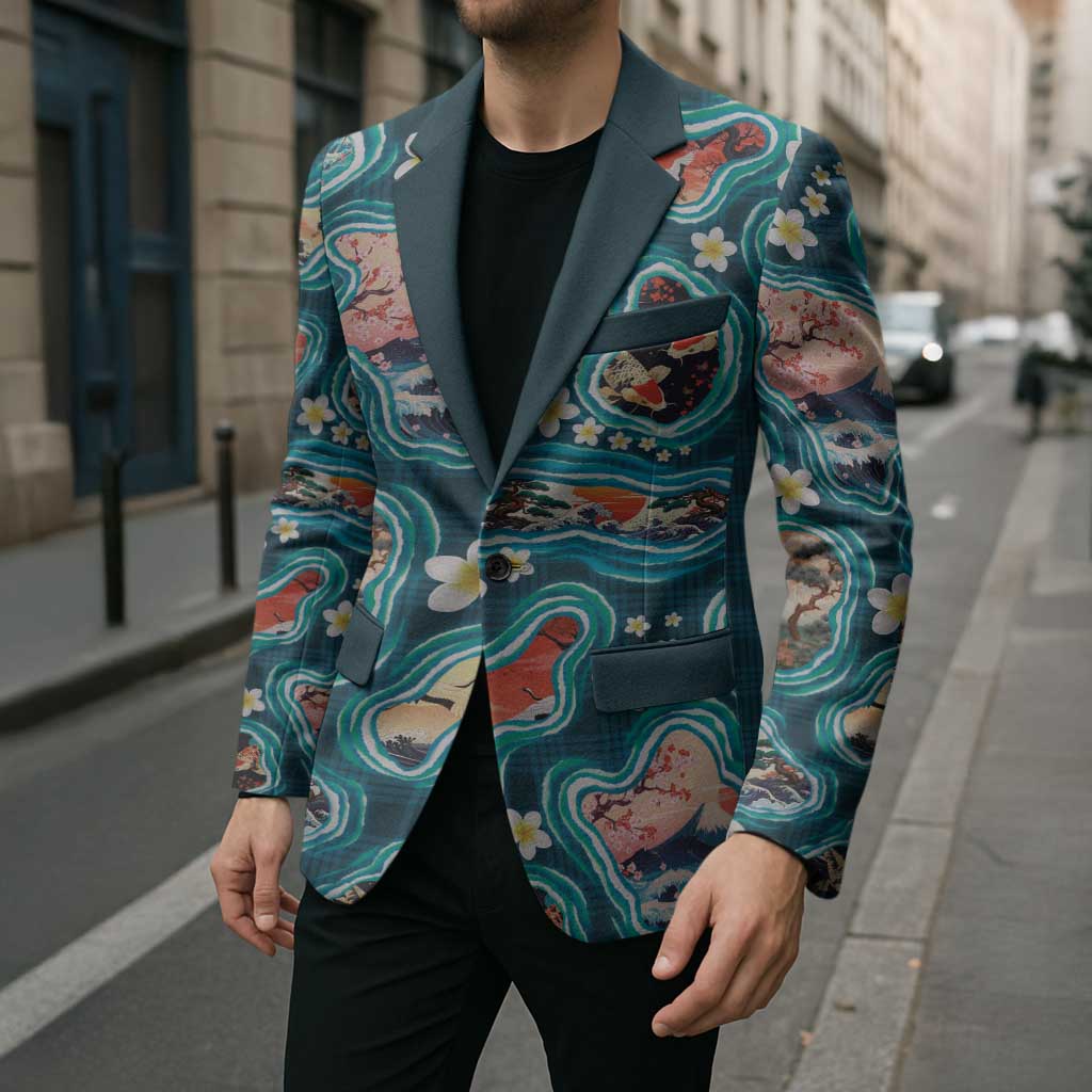 Hawaiian and Japanese Culture Together Blazer Hawaiian Island Shapes with Japanese Landscape Teal Color