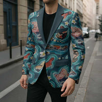 Hawaiian and Japanese Culture Together Blazer Hawaiian Island Shapes with Japanese Landscape Teal Color