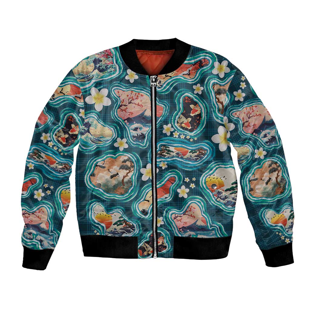 Hawaiian and Japanese Culture Together Bomber Jacket Hawaiian Island Shapes with Japanese Landscape Teal Color