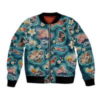 Hawaiian and Japanese Culture Together Bomber Jacket Hawaiian Island Shapes with Japanese Landscape Teal Color