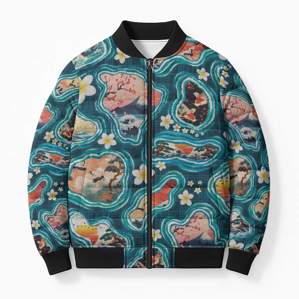 Hawaiian and Japanese Culture Together Bomber Puffer Jacket Hawaiian Island Shapes with Japanese Landscape Teal Color