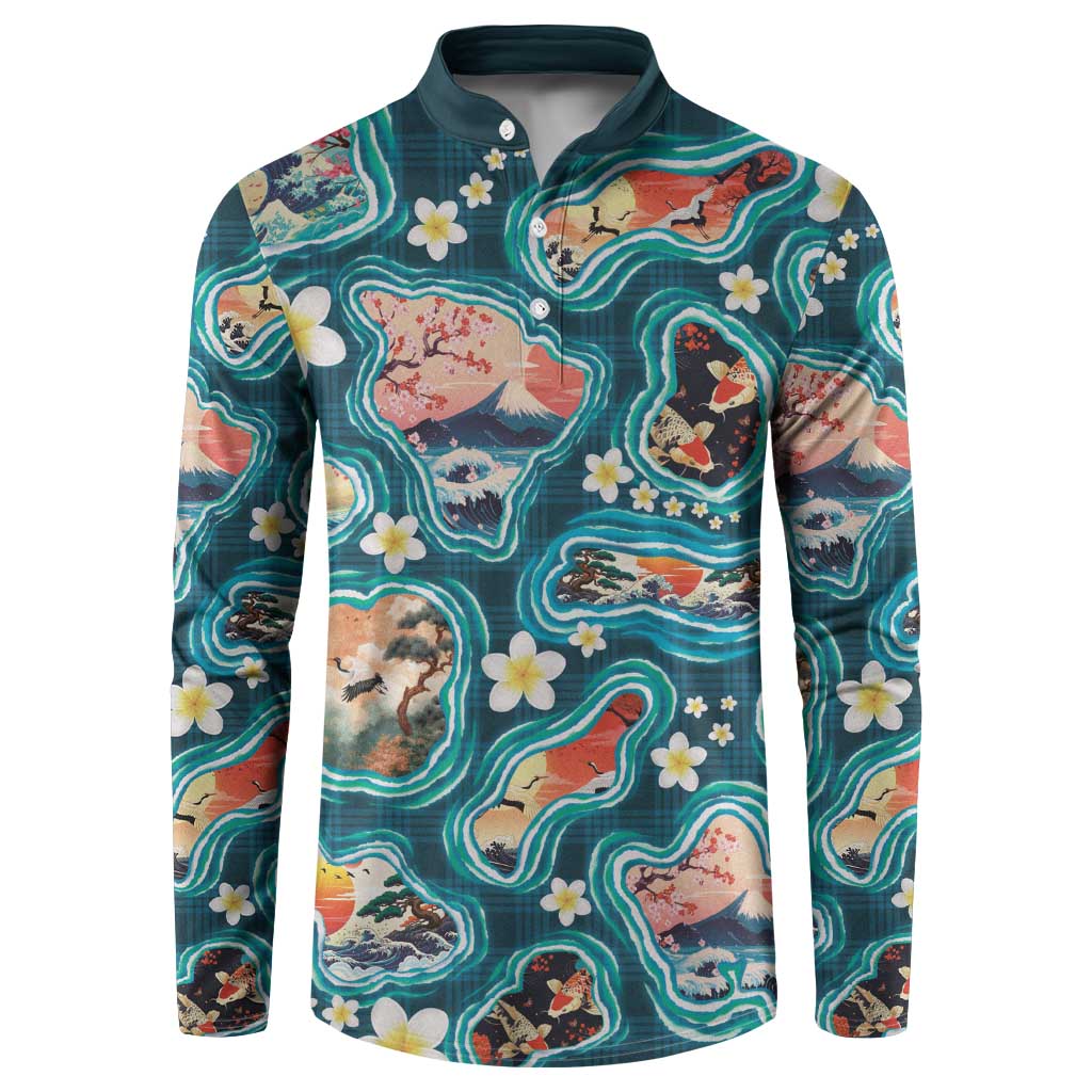 Hawaiian and Japanese Culture Together Button Sweatshirt Hawaiian Island Shapes with Japanese Landscape Teal Color