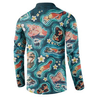 Hawaiian and Japanese Culture Together Button Sweatshirt Hawaiian Island Shapes with Japanese Landscape Teal Color