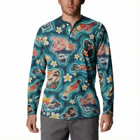 Hawaiian and Japanese Culture Together Button Sweatshirt Hawaiian Island Shapes with Japanese Landscape Teal Color