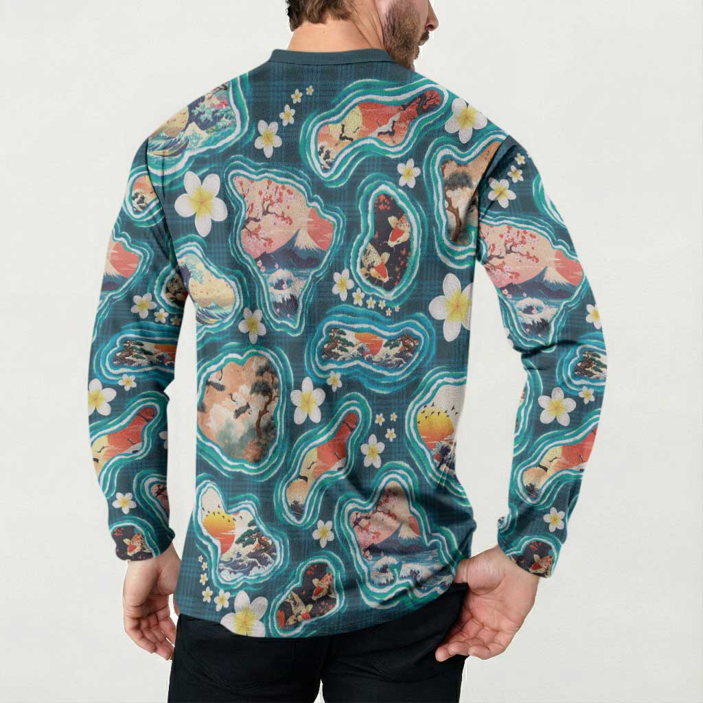 Hawaiian and Japanese Culture Together Button Sweatshirt Hawaiian Island Shapes with Japanese Landscape Teal Color