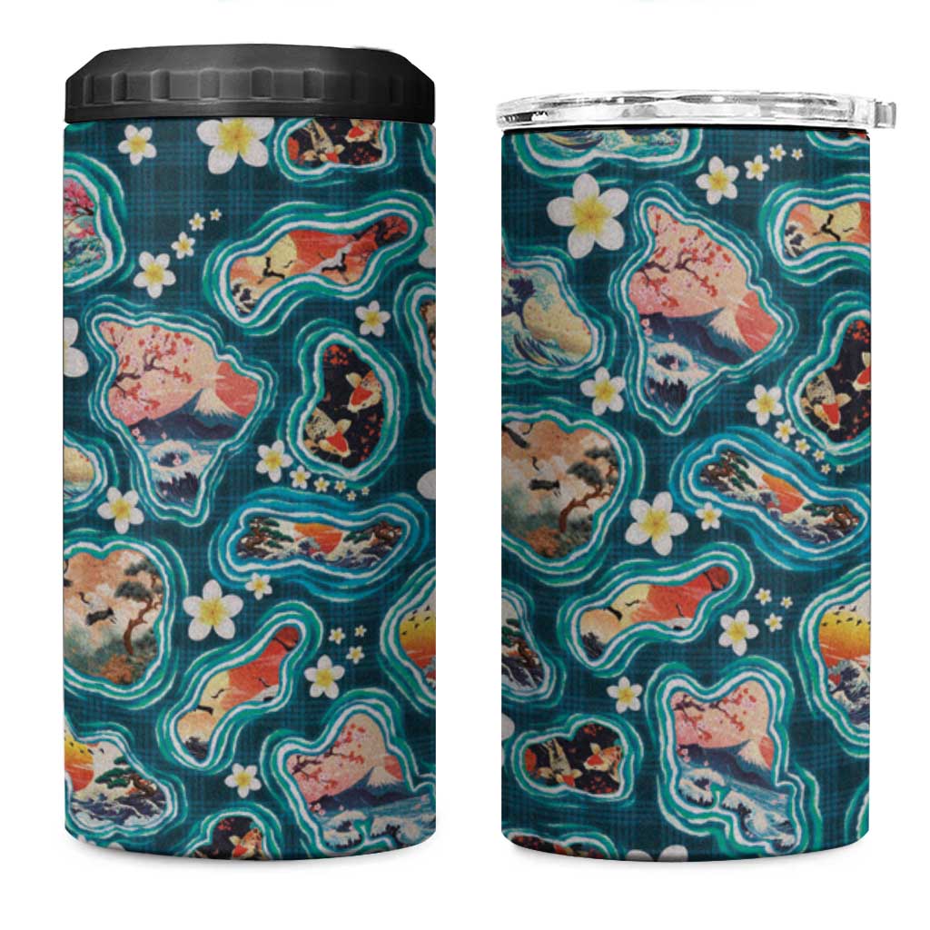 Hawaiian and Japanese Culture Together 4 in 1 Can Cooler Tumbler Hawaiian Island Shapes with Japanese Landscape Teal Color LT03 One Size: 16 oz Teal - Polynesian Pride