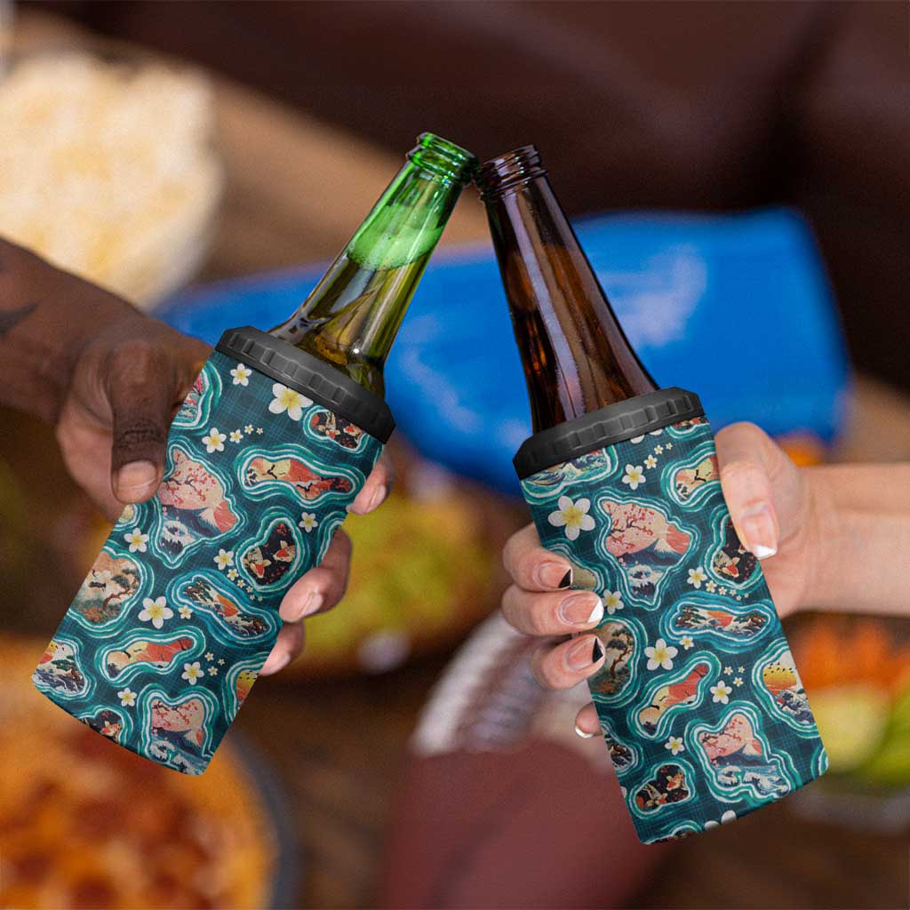 Hawaiian and Japanese Culture Together 4 in 1 Can Cooler Tumbler Hawaiian Island Shapes with Japanese Landscape Teal Color LT03 - Polynesian Pride