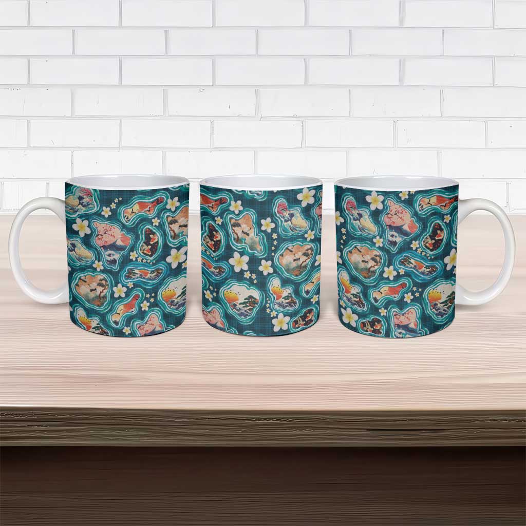 Hawaiian and Japanese Culture Together Ceramic Mug Hawaiian Island Shapes with Japanese Landscape Teal Color