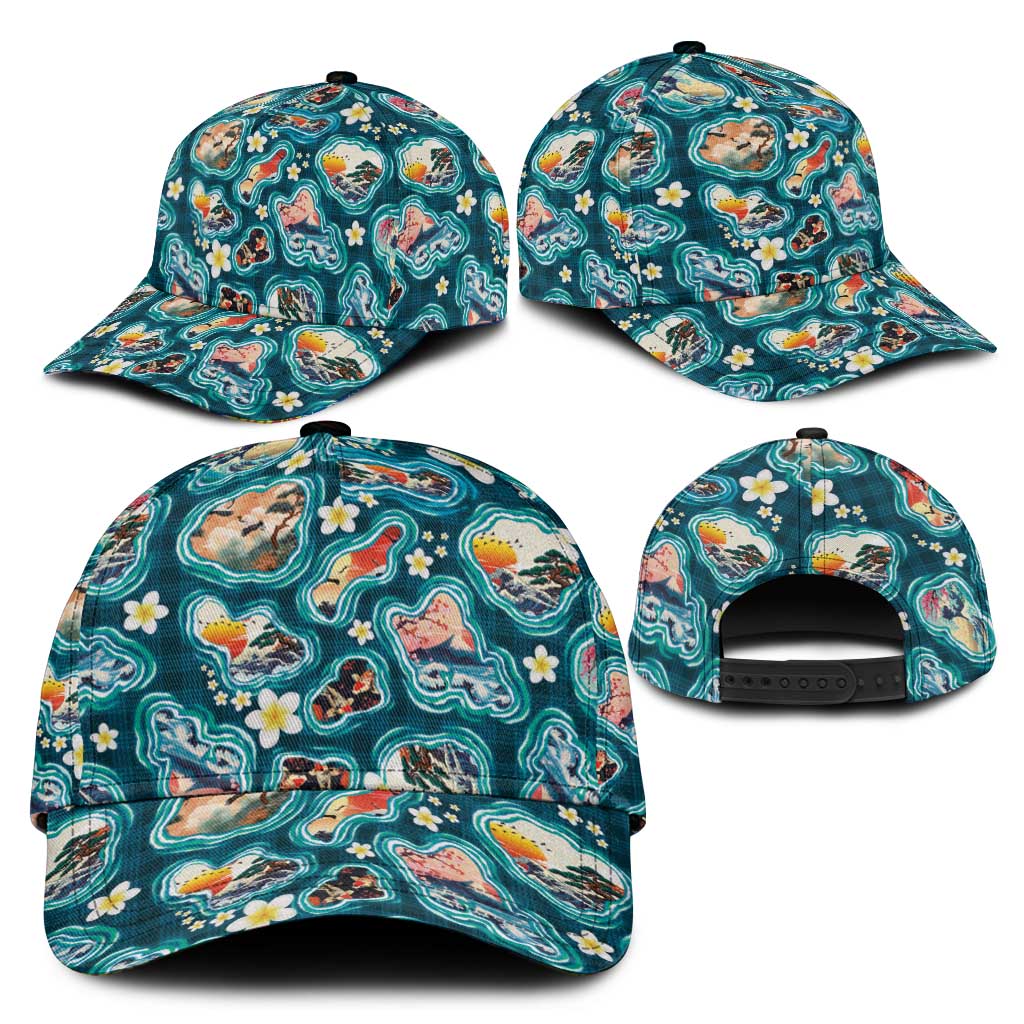 Hawaiian and Japanese Culture Together Classic Cap Hawaiian Island Shapes with Japanese Landscape Teal Color