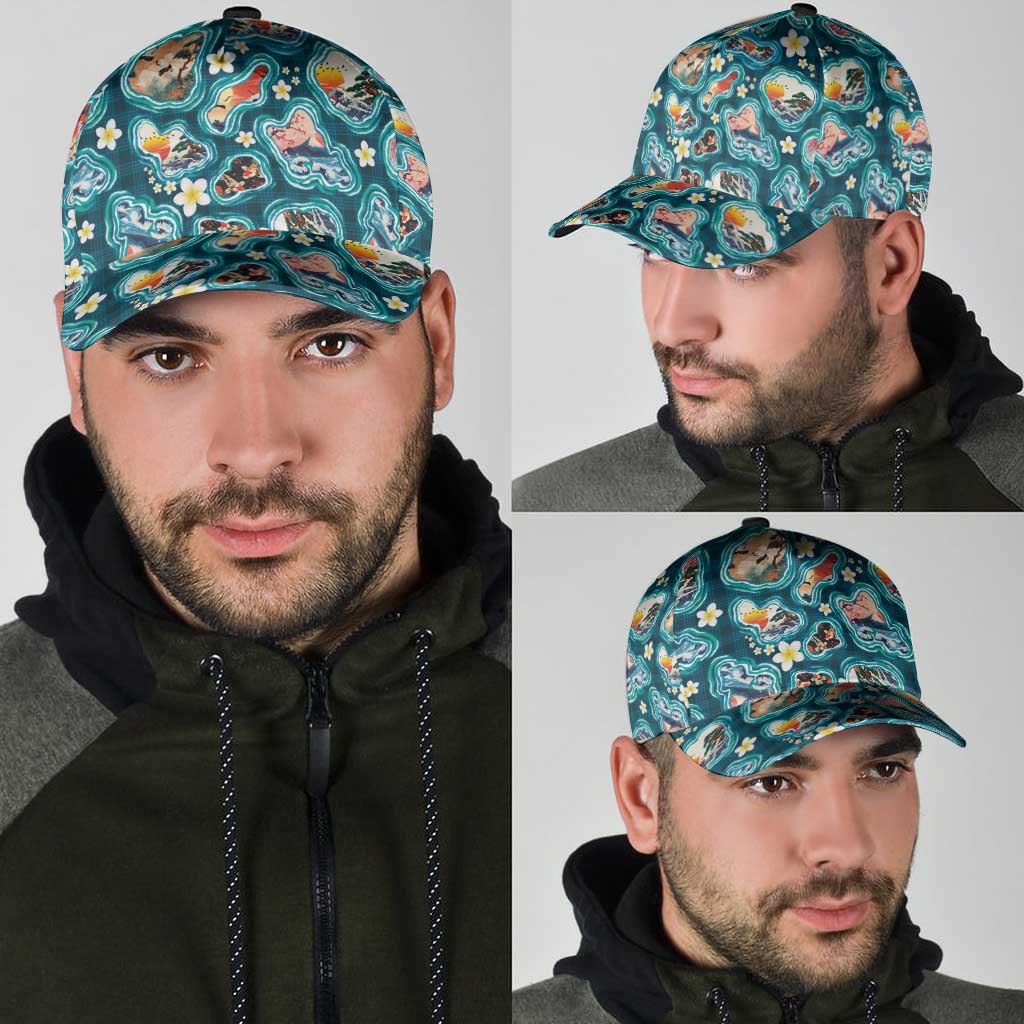 Hawaiian and Japanese Culture Together Classic Cap Hawaiian Island Shapes with Japanese Landscape Teal Color