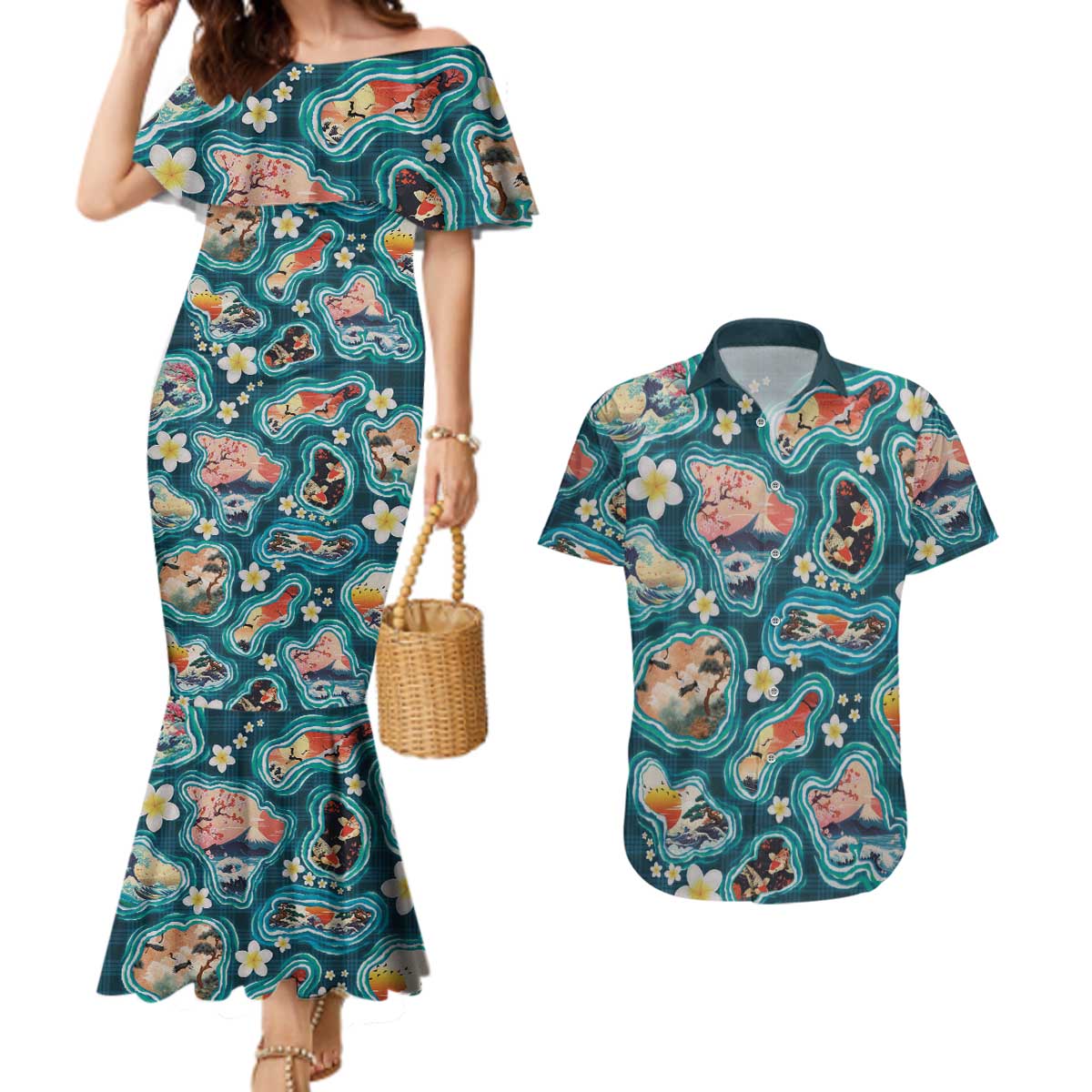 Hawaiian and Japanese Culture Together Couples Matching Mermaid Dress and Hawaiian Shirt Hawaiian Island Shapes with Japanese Landscape Teal Color