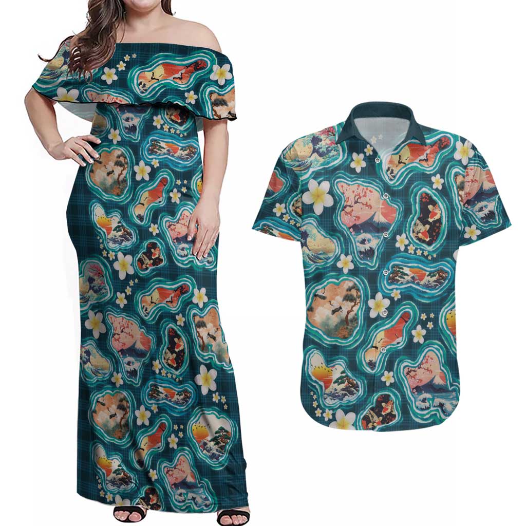 Hawaiian and Japanese Culture Together Couples Matching Off Shoulder Maxi Dress and Hawaiian Shirt Hawaiian Island Shapes with Japanese Landscape Teal Color