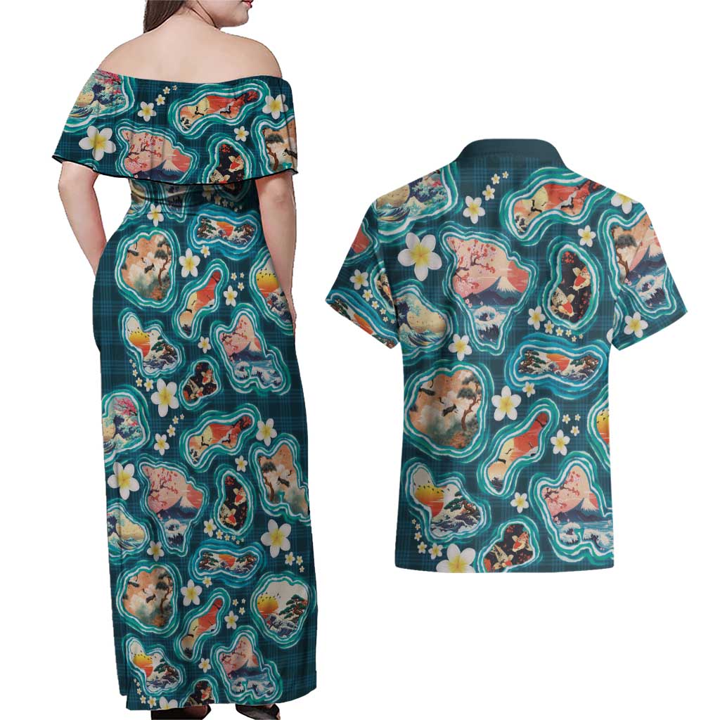 Hawaiian and Japanese Culture Together Couples Matching Off Shoulder Maxi Dress and Hawaiian Shirt Hawaiian Island Shapes with Japanese Landscape Teal Color