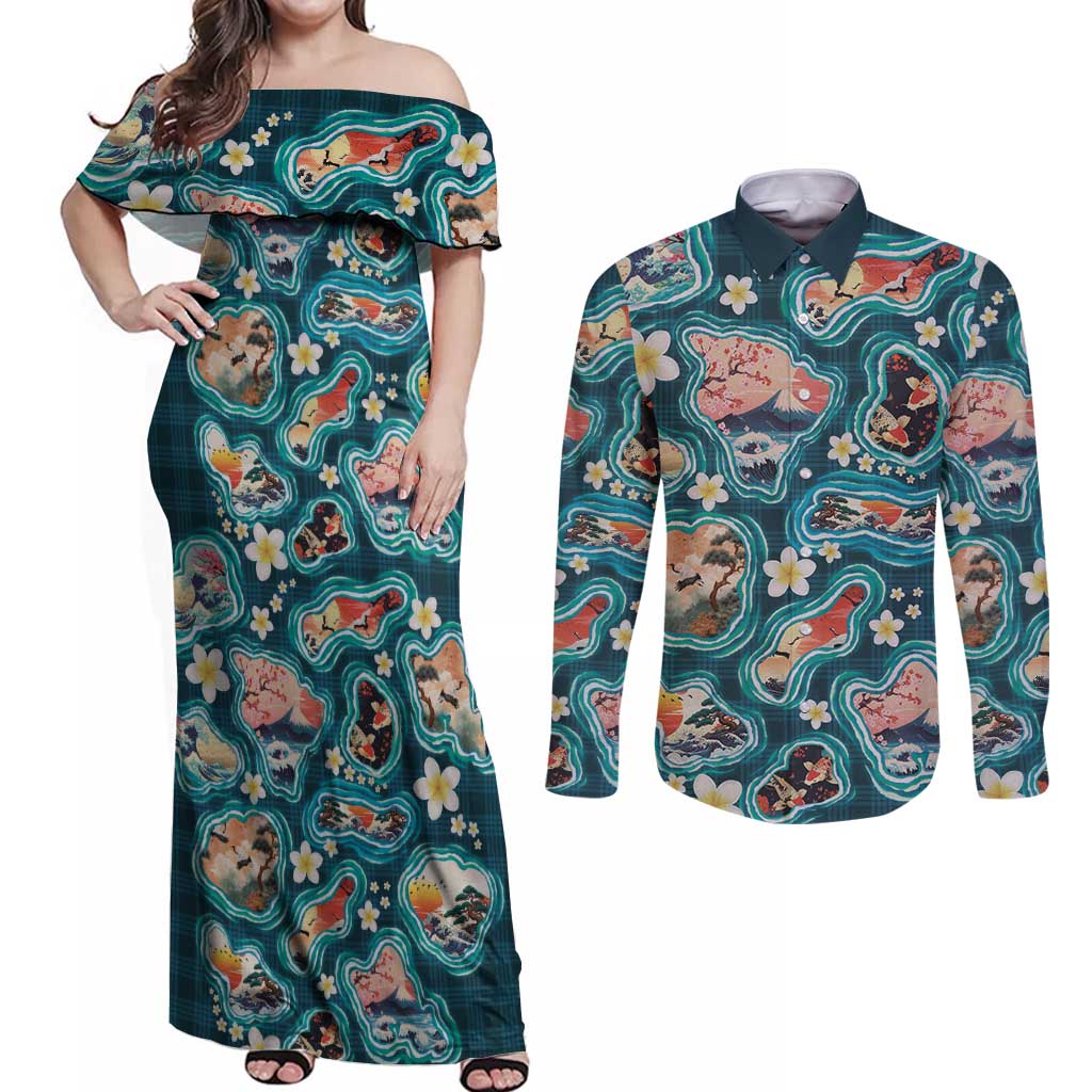 Hawaiian and Japanese Culture Together Couples Matching Off Shoulder Maxi Dress and Long Sleeve Button Shirt Hawaiian Island Shapes with Japanese Landscape Teal Color LT03 Teal - Polynesian Pride