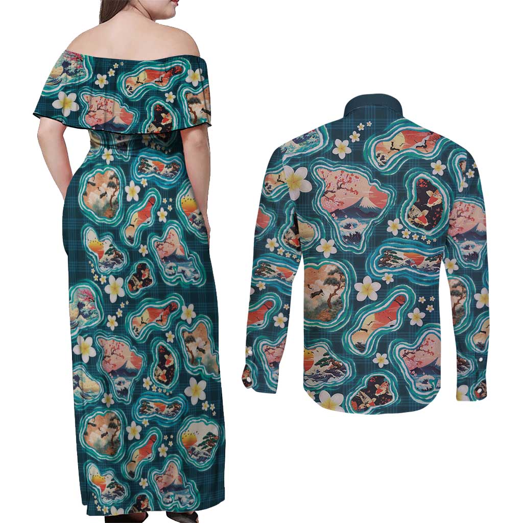 Hawaiian and Japanese Culture Together Couples Matching Off Shoulder Maxi Dress and Long Sleeve Button Shirt Hawaiian Island Shapes with Japanese Landscape Teal Color LT03 - Polynesian Pride