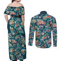 Hawaiian and Japanese Culture Together Couples Matching Off Shoulder Maxi Dress and Long Sleeve Button Shirt Hawaiian Island Shapes with Japanese Landscape Teal Color LT03 - Polynesian Pride