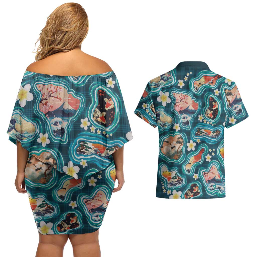 Hawaiian and Japanese Culture Together Couples Matching Off Shoulder Short Dress and Hawaiian Shirt Hawaiian Island Shapes with Japanese Landscape Teal Color LT03 - Polynesian Pride