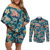 Hawaiian and Japanese Culture Together Couples Matching Off Shoulder Short Dress and Long Sleeve Button Shirt Hawaiian Island Shapes with Japanese Landscape Teal Color LT03 Teal - Polynesian Pride