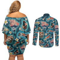 Hawaiian and Japanese Culture Together Couples Matching Off Shoulder Short Dress and Long Sleeve Button Shirt Hawaiian Island Shapes with Japanese Landscape Teal Color LT03 - Polynesian Pride