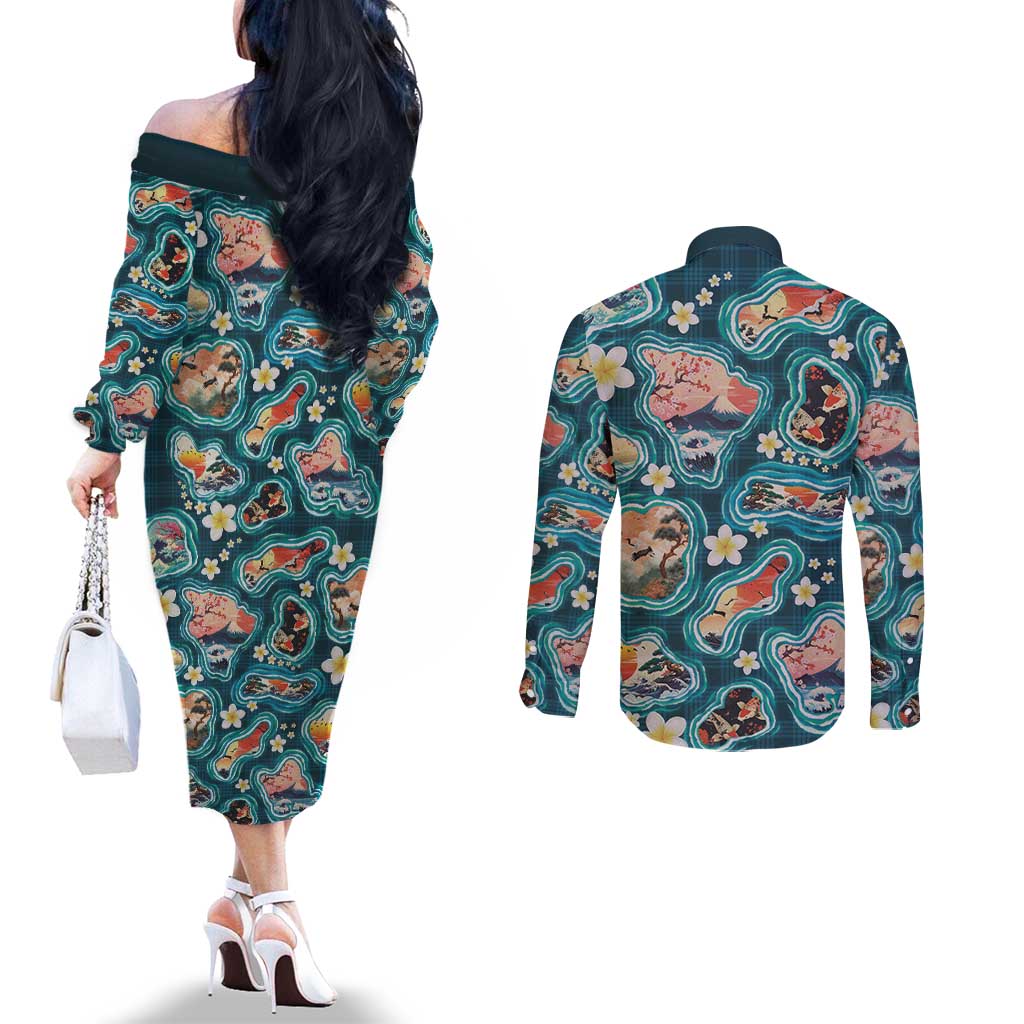 Hawaiian and Japanese Culture Together Couples Matching Off The Shoulder Long Sleeve Dress and Long Sleeve Button Shirt Hawaiian Island Shapes with Japanese Landscape Teal Color