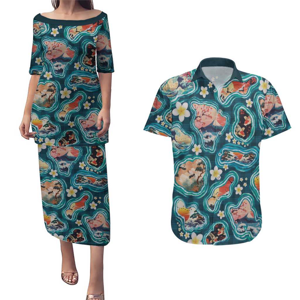 Hawaiian and Japanese Culture Together Couples Matching Puletasi and Hawaiian Shirt Hawaiian Island Shapes with Japanese Landscape Teal Color