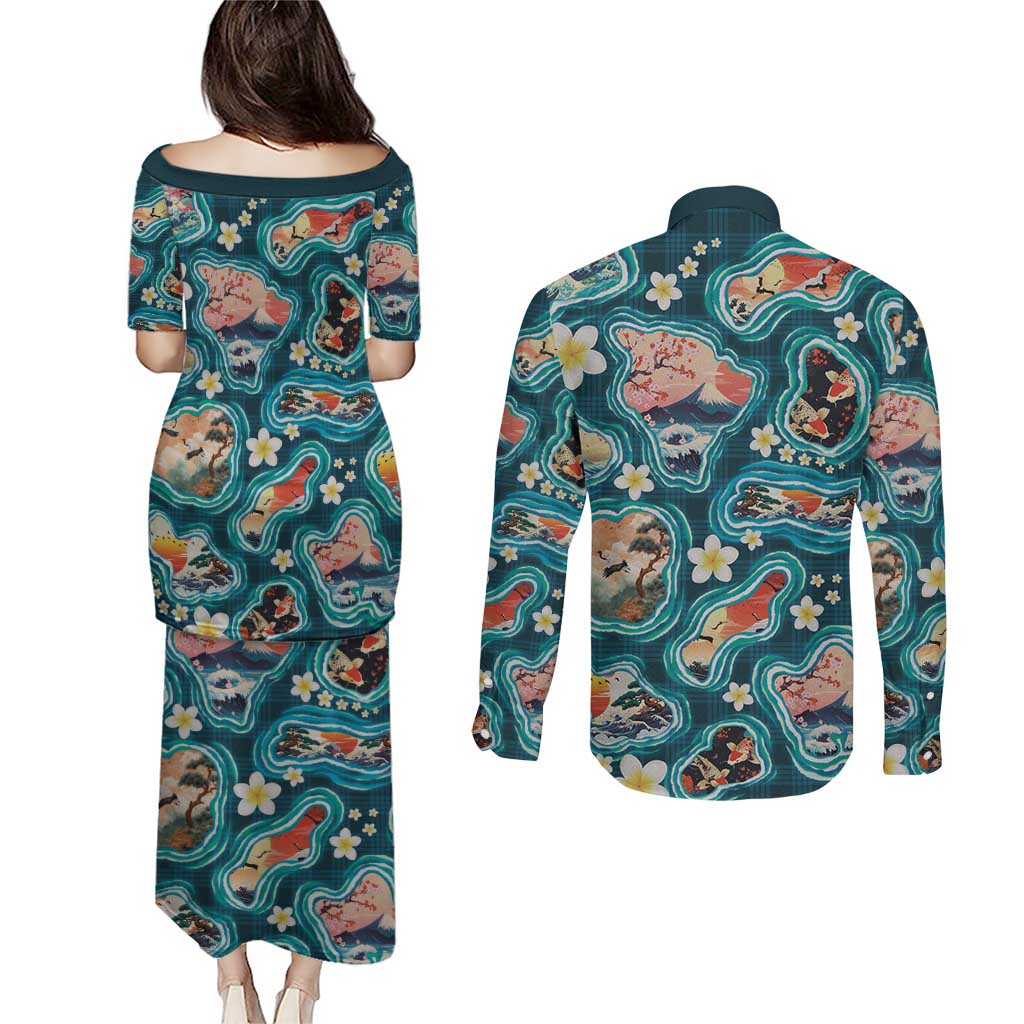 Hawaiian and Japanese Culture Together Couples Matching Puletasi and Long Sleeve Button Shirt Hawaiian Island Shapes with Japanese Landscape Teal Color