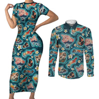 Hawaiian and Japanese Culture Together Couples Matching Short Sleeve Bodycon Dress and Long Sleeve Button Shirt Hawaiian Island Shapes with Japanese Landscape Teal Color