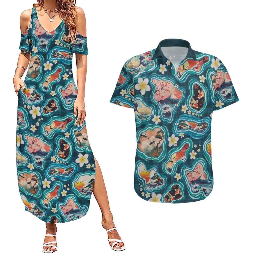 Hawaiian and Japanese Culture Together Couples Matching Summer Maxi Dress and Hawaiian Shirt Hawaiian Island Shapes with Japanese Landscape Teal Color LT03 Teal - Polynesian Pride