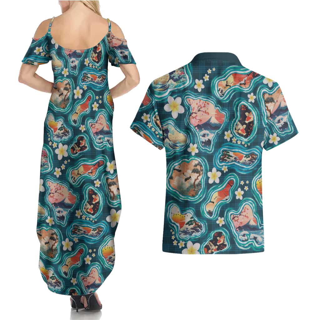 Hawaiian and Japanese Culture Together Couples Matching Summer Maxi Dress and Hawaiian Shirt Hawaiian Island Shapes with Japanese Landscape Teal Color LT03 - Polynesian Pride