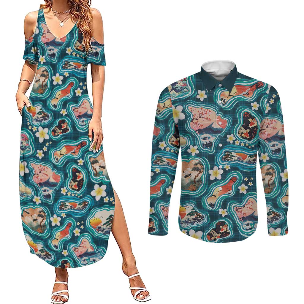 Hawaiian and Japanese Culture Together Couples Matching Summer Maxi Dress and Long Sleeve Button Shirt Hawaiian Island Shapes with Japanese Landscape Teal Color