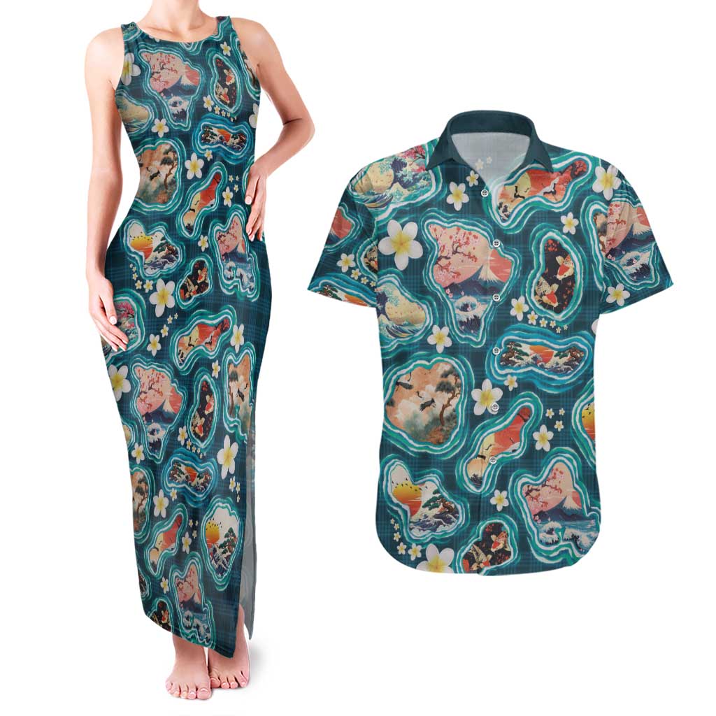 Hawaiian and Japanese Culture Together Couples Matching Tank Maxi Dress and Hawaiian Shirt Hawaiian Island Shapes with Japanese Landscape Teal Color