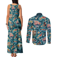 Hawaiian and Japanese Culture Together Couples Matching Tank Maxi Dress and Long Sleeve Button Shirt Hawaiian Island Shapes with Japanese Landscape Teal Color