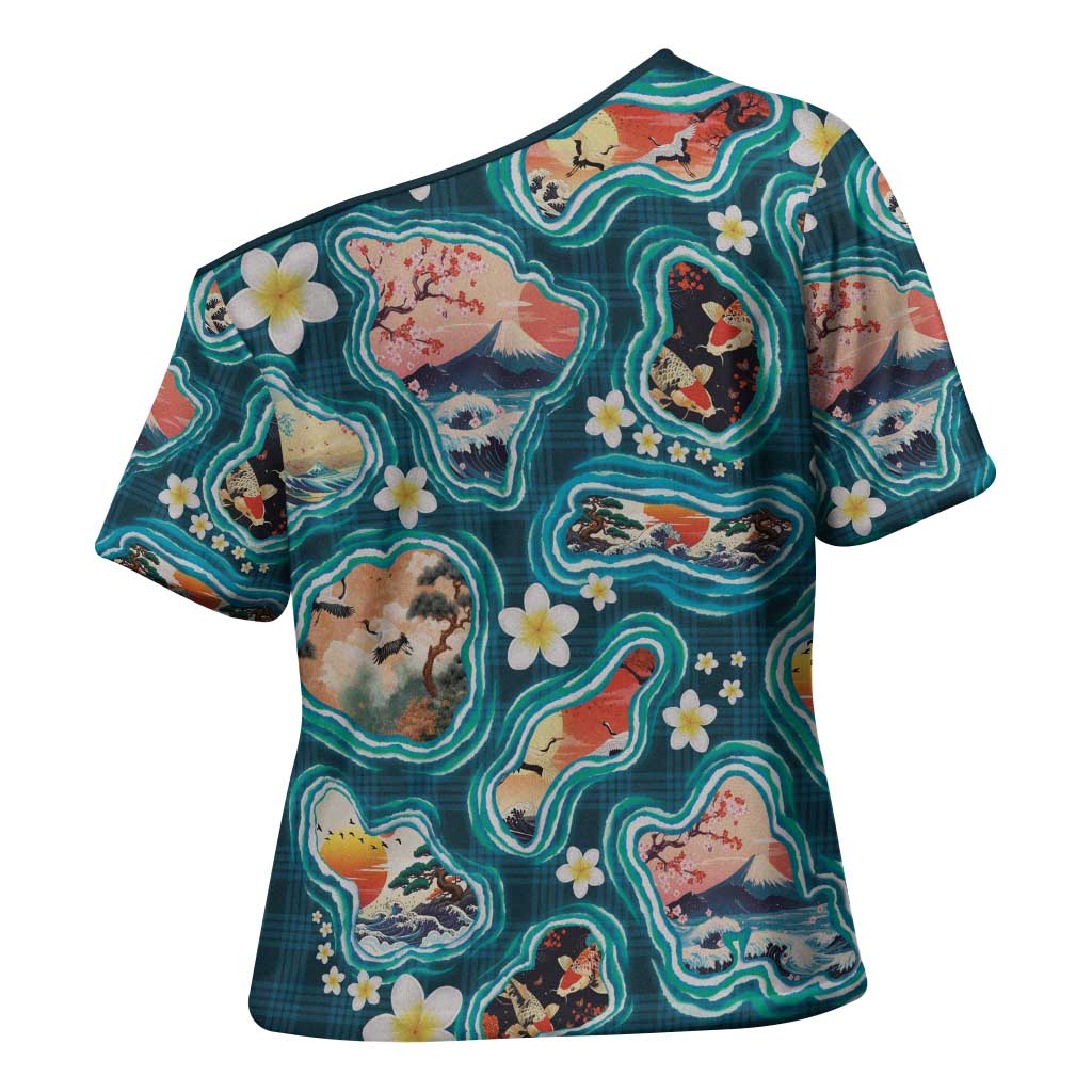 Hawaiian and Japanese Culture Together Cross Shoulder Shirt Hawaiian Island Shapes with Japanese Landscape Teal Color