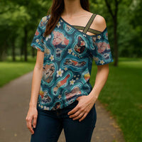 Hawaiian and Japanese Culture Together Cross Shoulder Shirt Hawaiian Island Shapes with Japanese Landscape Teal Color