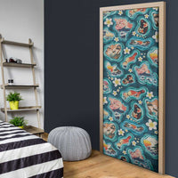 Hawaiian and Japanese Culture Together Door Cover Hawaiian Island Shapes with Japanese Landscape Teal Color