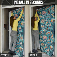 Hawaiian and Japanese Culture Together Door Cover Hawaiian Island Shapes with Japanese Landscape Teal Color