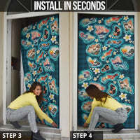 Hawaiian and Japanese Culture Together Door Cover Hawaiian Island Shapes with Japanese Landscape Teal Color