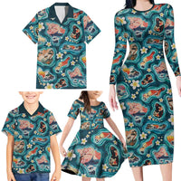 Hawaiian and Japanese Culture Together Family Matching Long Sleeve Bodycon Dress and Hawaiian Shirt Hawaiian Island Shapes with Japanese Landscape Teal Color