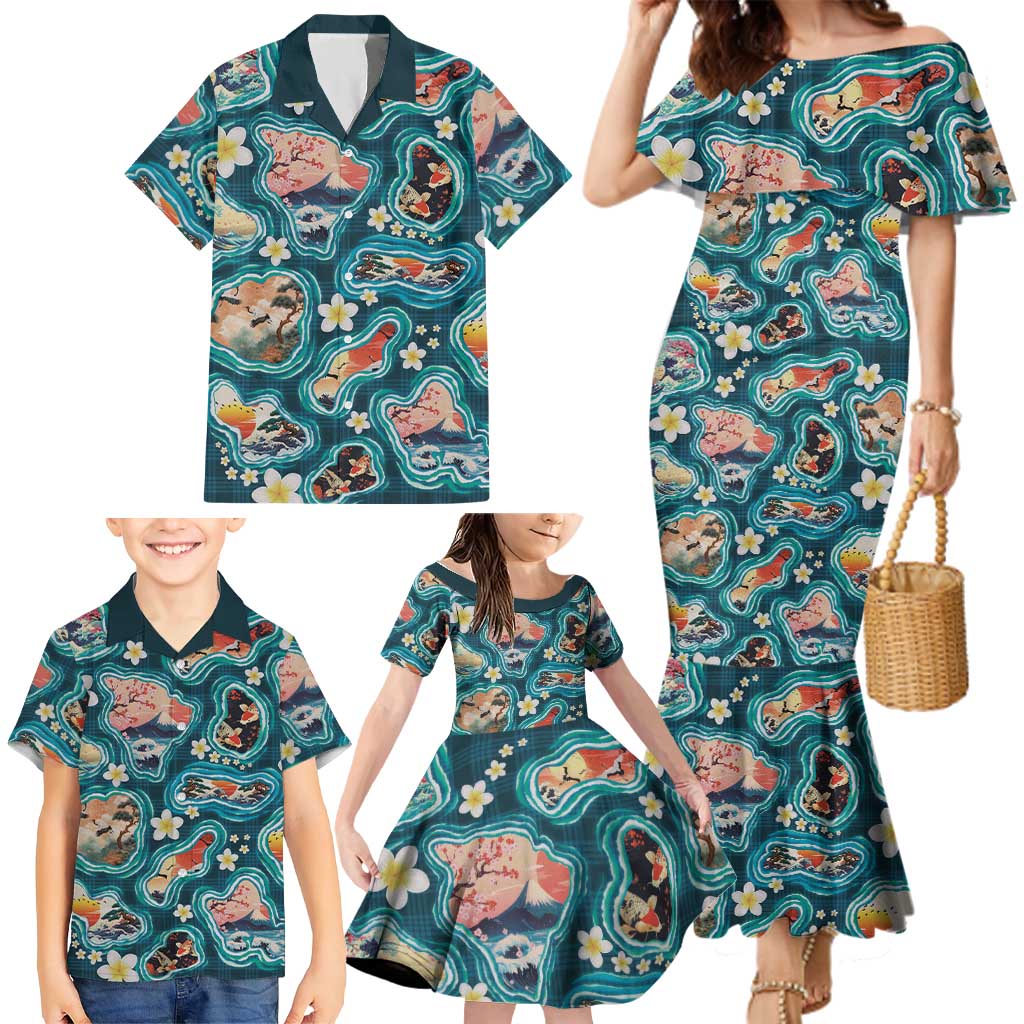 Hawaiian and Japanese Culture Together Family Matching Mermaid Dress and Hawaiian Shirt Hawaiian Island Shapes with Japanese Landscape Teal Color
