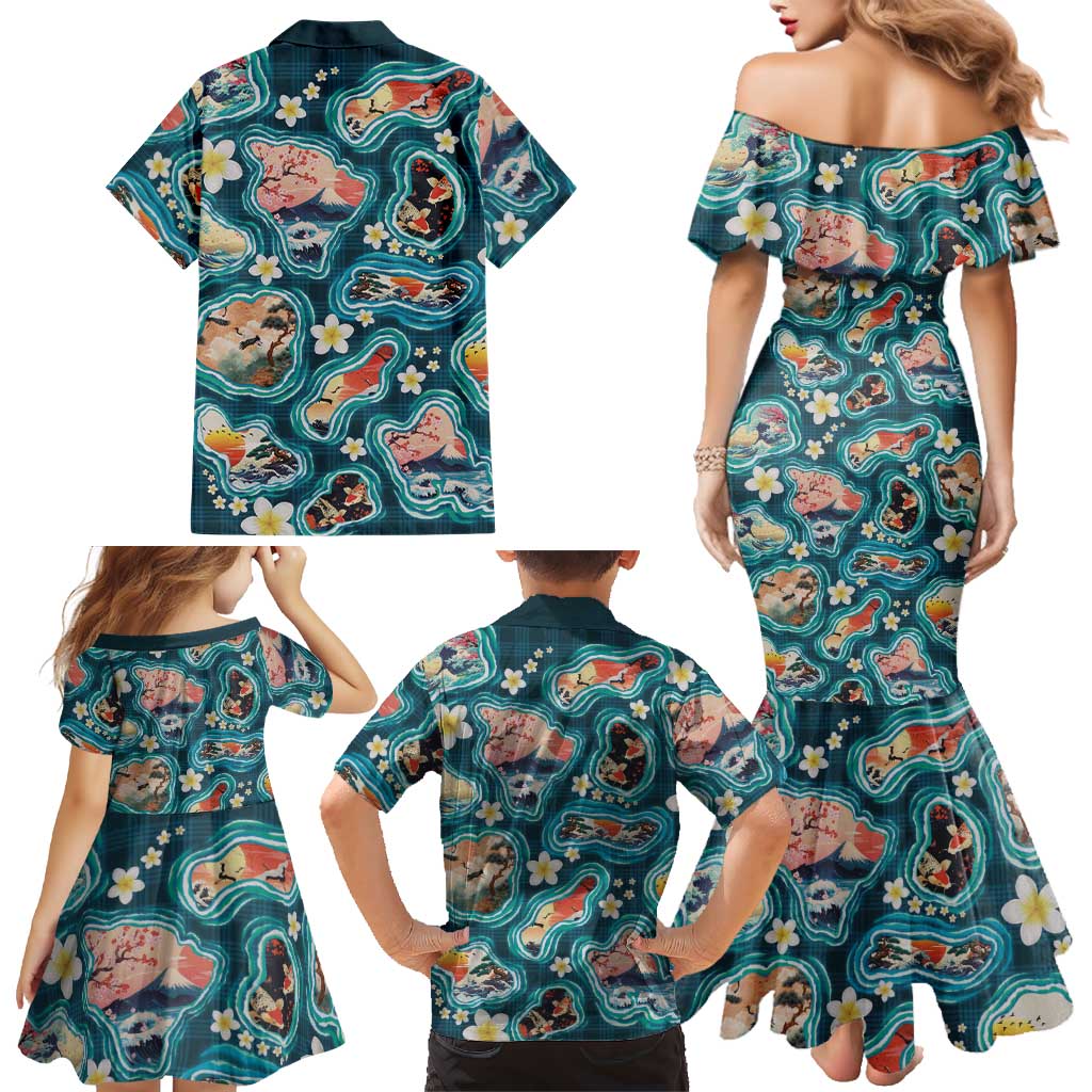 Hawaiian and Japanese Culture Together Family Matching Mermaid Dress and Hawaiian Shirt Hawaiian Island Shapes with Japanese Landscape Teal Color
