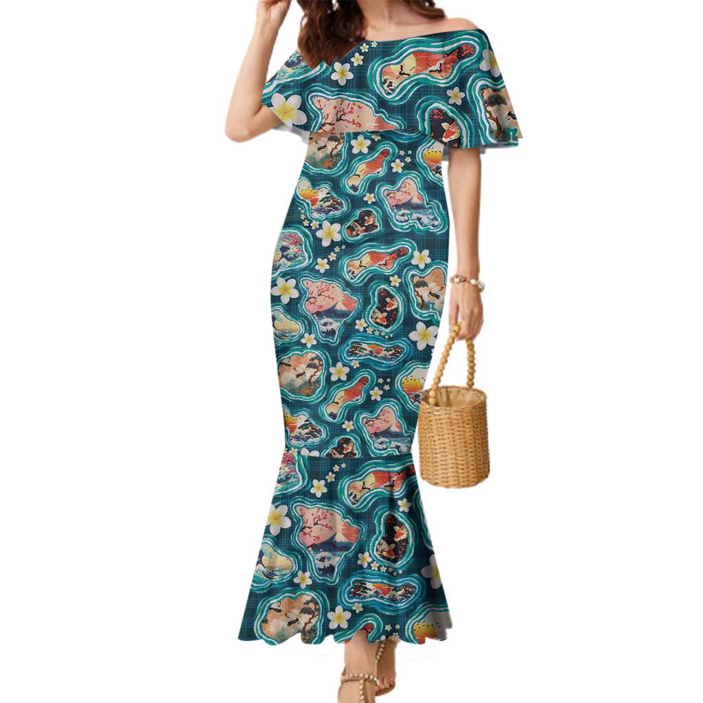 Hawaiian and Japanese Culture Together Family Matching Mermaid Dress and Hawaiian Shirt Hawaiian Island Shapes with Japanese Landscape Teal Color
