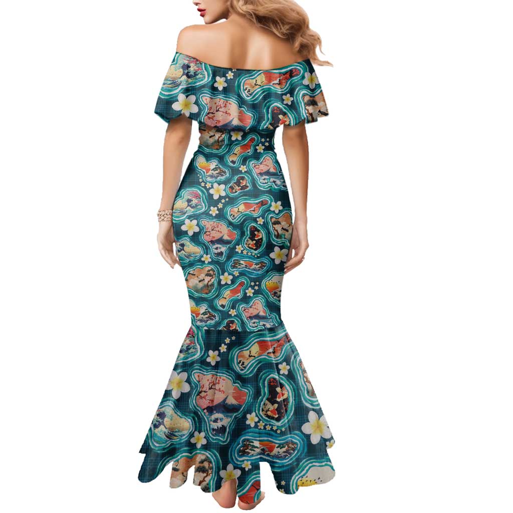 Hawaiian and Japanese Culture Together Family Matching Mermaid Dress and Hawaiian Shirt Hawaiian Island Shapes with Japanese Landscape Teal Color