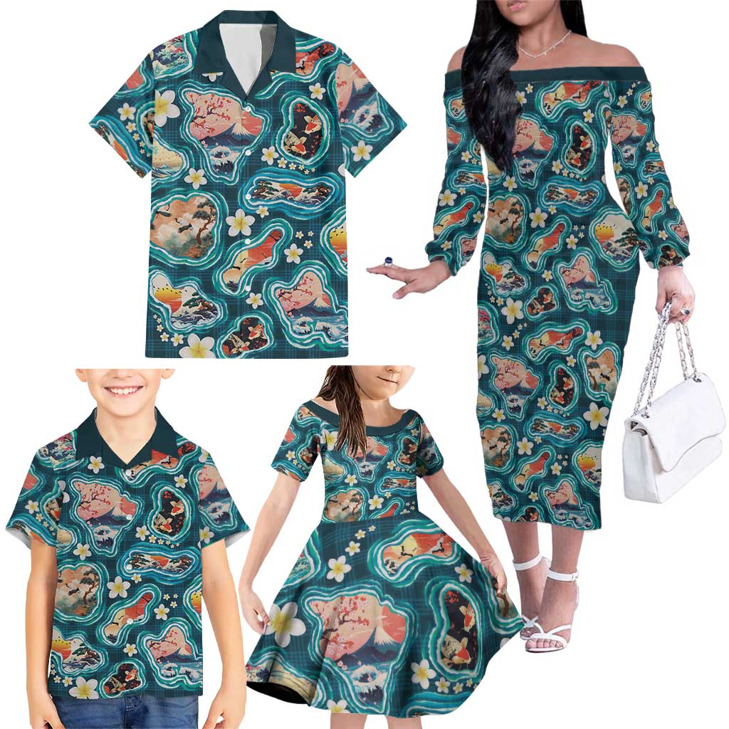 Hawaiian and Japanese Culture Together Family Matching Off The Shoulder Long Sleeve Dress and Hawaiian Shirt Hawaiian Island Shapes with Japanese Landscape Teal Color