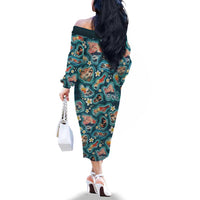 Hawaiian and Japanese Culture Together Family Matching Off The Shoulder Long Sleeve Dress and Hawaiian Shirt Hawaiian Island Shapes with Japanese Landscape Teal Color